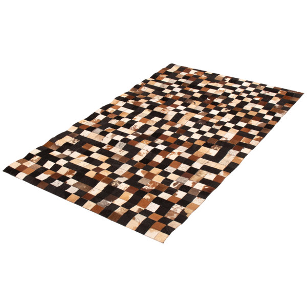Union Rustic Rochdale Checkered Handmade Cowhide Area Rug in Dark Brown